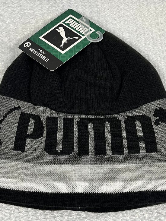 Puma Other - PUMA Reversible Knit Beanie Hat NWT Black and Gradient Grey Striped